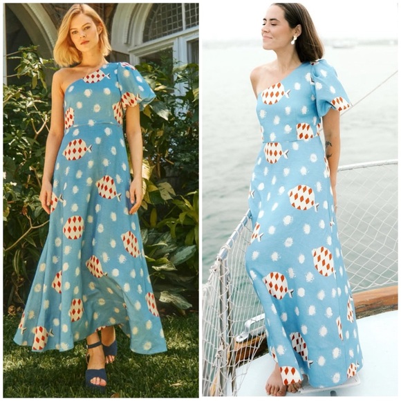 NWT HUNTER BELL CARMEN  One-shoulder Fish Printed Midi Dress SZ US 6 - Picture 2 of 10